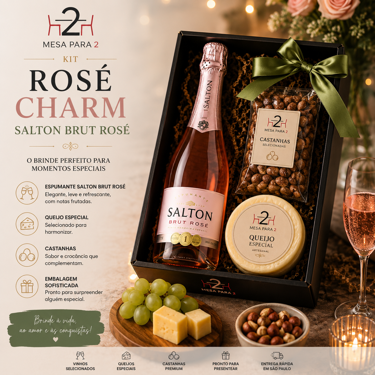 Kit Rosé Charm com Espumante Salton Brut Rosé, Queijo Especial e Castanhas – Presente Delicado e Sofisticado