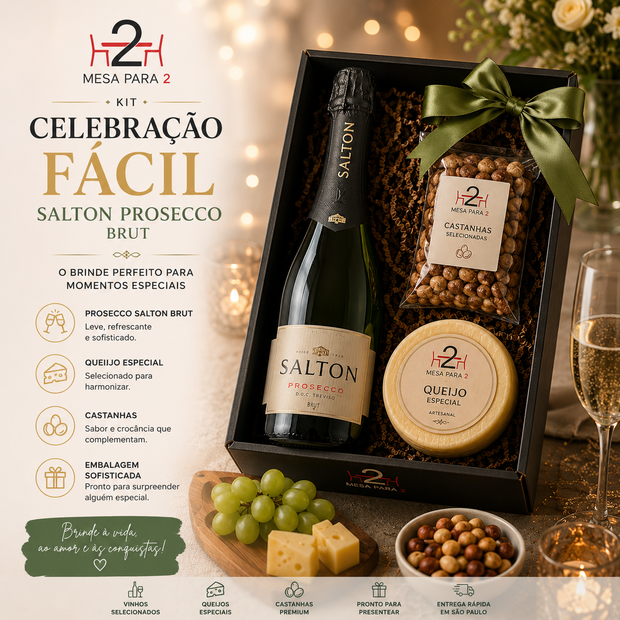 Kit Celebração Fácil com Prosecco Salton Brut, Queijo Especial e Castanhas – Presente Sofisticado