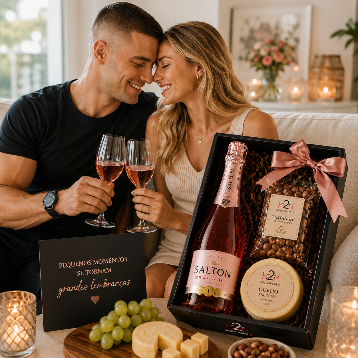 Kit Rosé Charm com Espumante Salton Brut Rosé, Queijo Especial e Castanhas – Presente Delicado e Sofisticado
