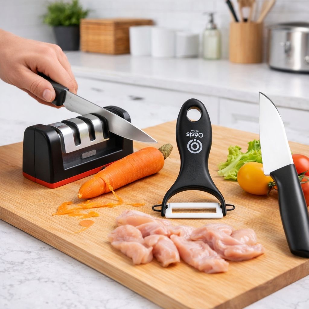 Kit Essencial de Cozinha 3 em 1 – Amolador + Descascador + Faca Profissional