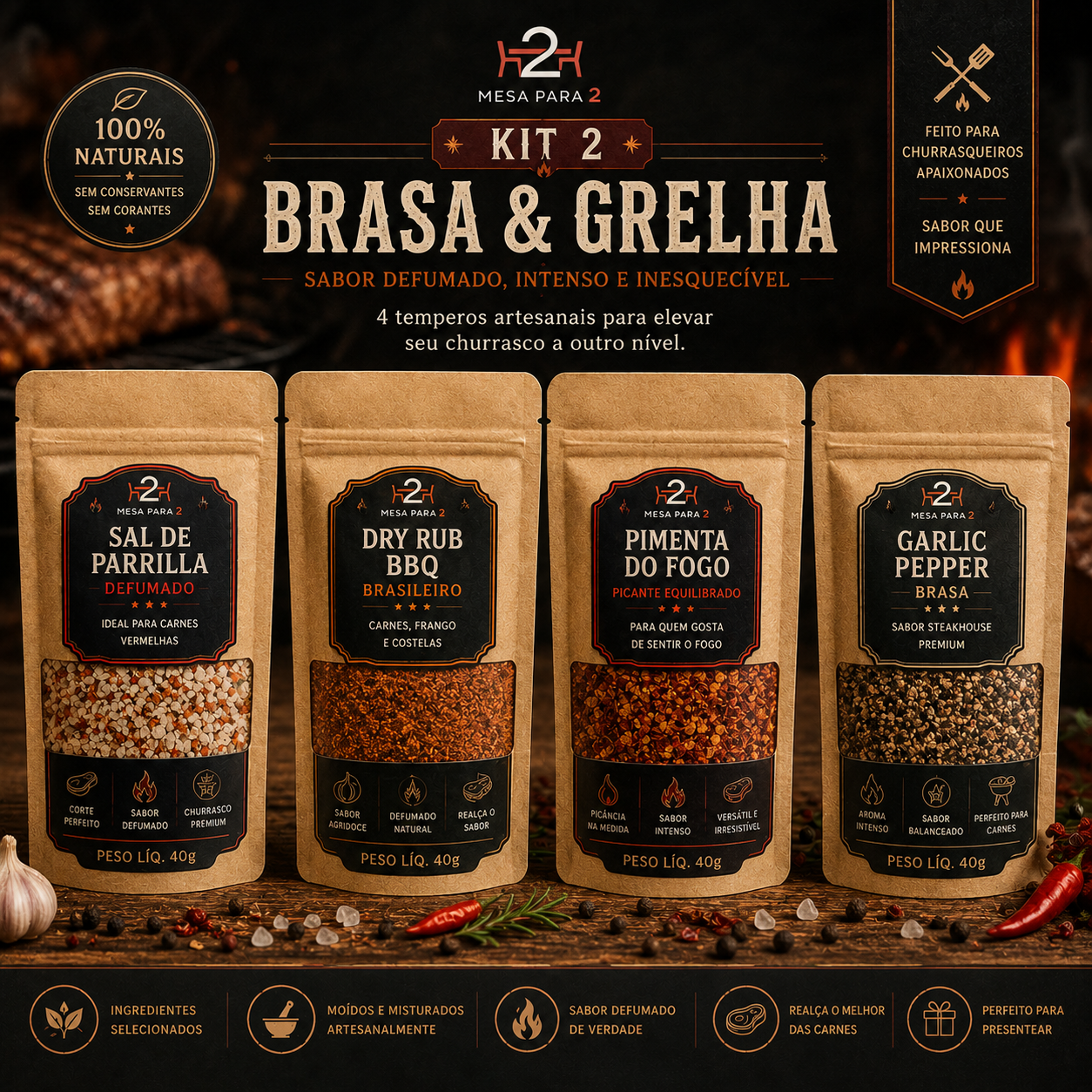 Kit de Temperos para Churrasco | Brasa &amp; Grelha | 4 Blends Artesanais para Carnes, Aves e Acompanhamentos | 4 x 100g