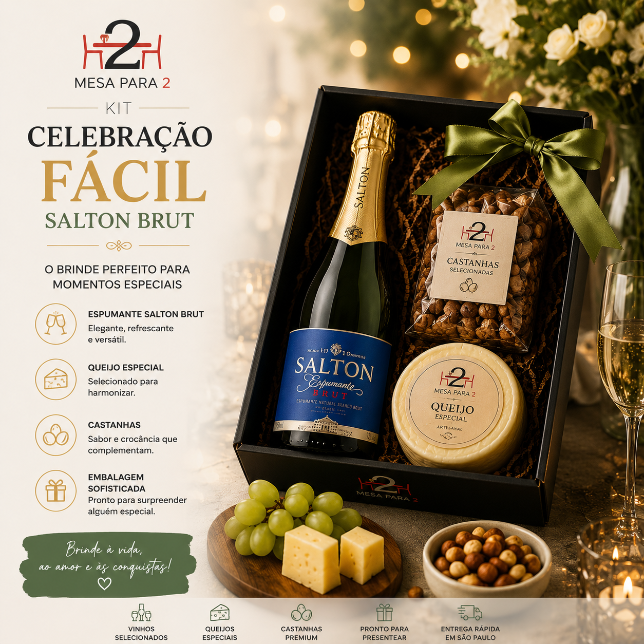 Kit Celebração Fácil com Espumante Salton Brut, Queijo Especial e Castanhas – Presente Elegante