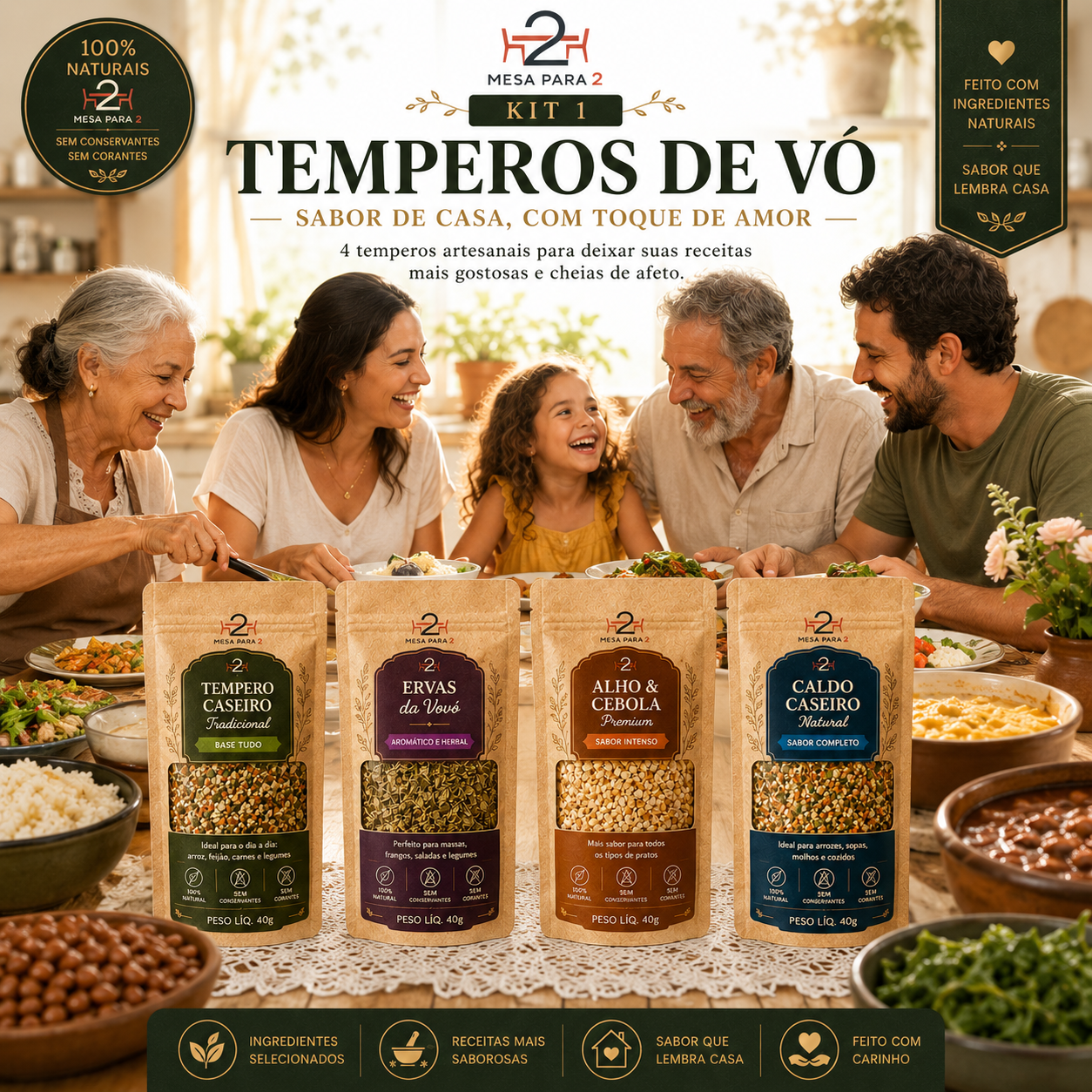 Kit de Temperos Artesanais | Temperos de Vó | 4 Blends para Arroz, Feijão, Bife e Sopa | 4 x 60g | Feito no Brasil com Ingredientes Selecionados