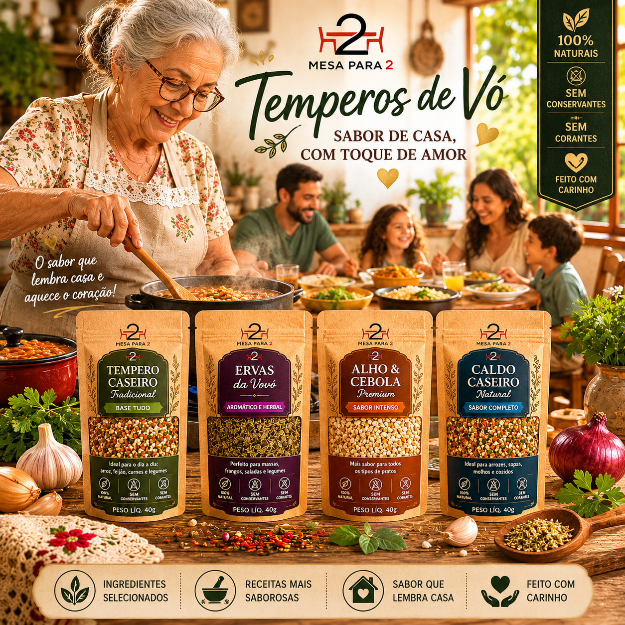 Kit de Temperos Artesanais | Temperos de Vó | 4 Blends para Arroz, Feijão, Bife e Sopa | 4 x 60g | Feito no Brasil com Ingredientes Selecionados