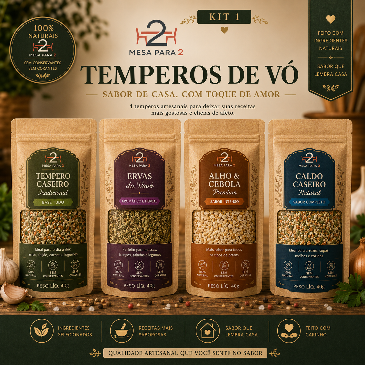 Kit de Temperos Artesanais | Temperos de Vó | 4 Blends para Arroz, Feijão, Bife e Sopa | 4 x 60g | Feito no Brasil com Ingredientes Selecionados